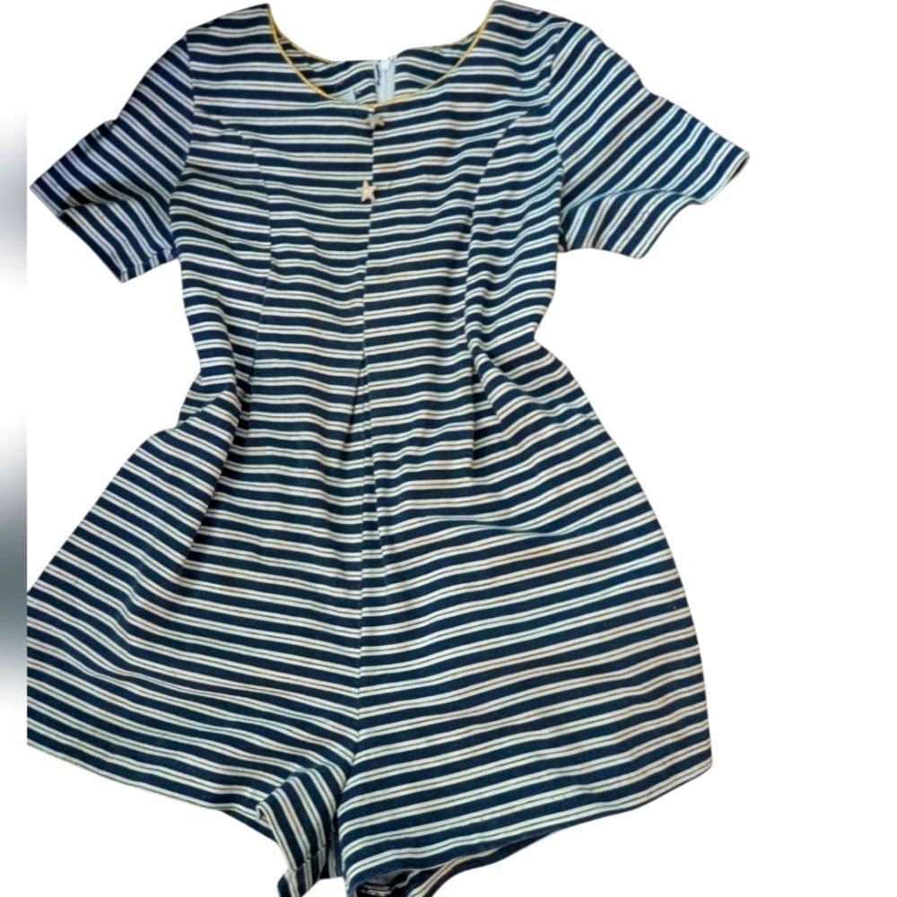 Vintage Girls Eve Byer Blue White Gold Nautical Shorts Romper Size 6X